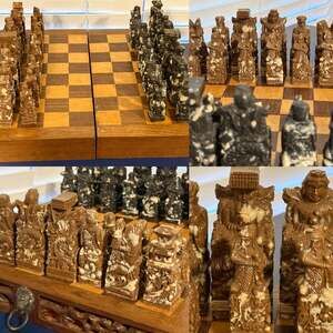Vintage Hand Carved Resin Asian Chess Set in Folding Wood Case